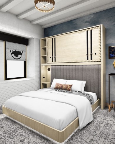 wayfarer private room king plus. Standard king bed with a Houston pull-down bed mounted above, HDTV with streaming, stand-up workstation