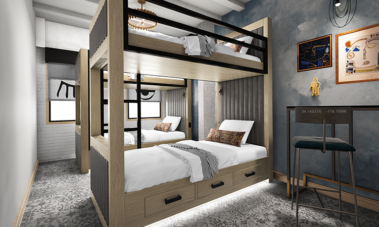 a shared hotel room with two double bunk beds