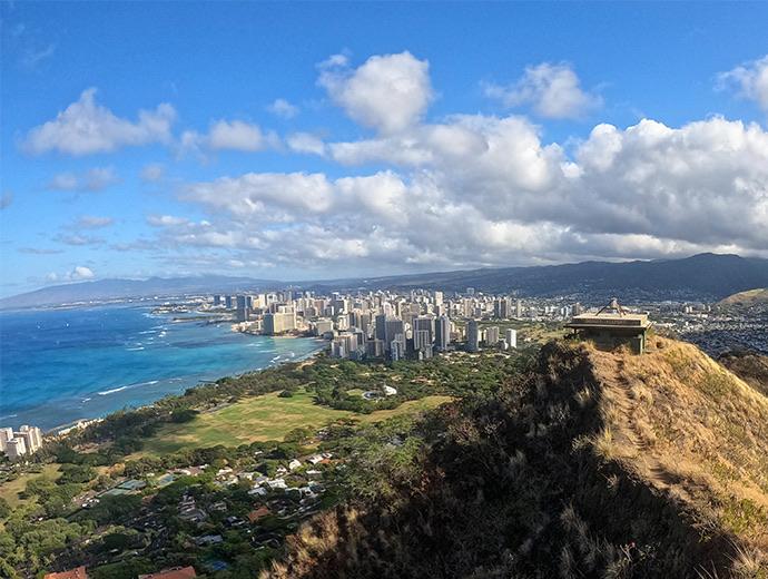 aerial view of the diamond head with downtown in the background 