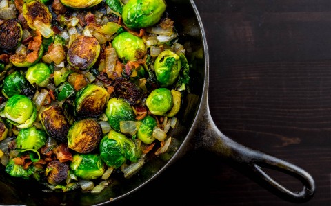 skillet with roasted brussels sprouts