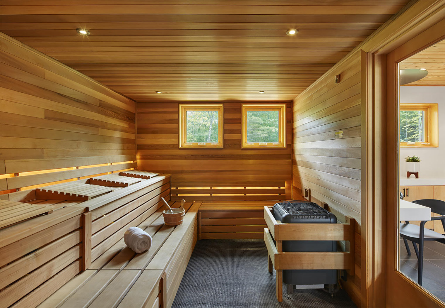 the inside of a sauna 