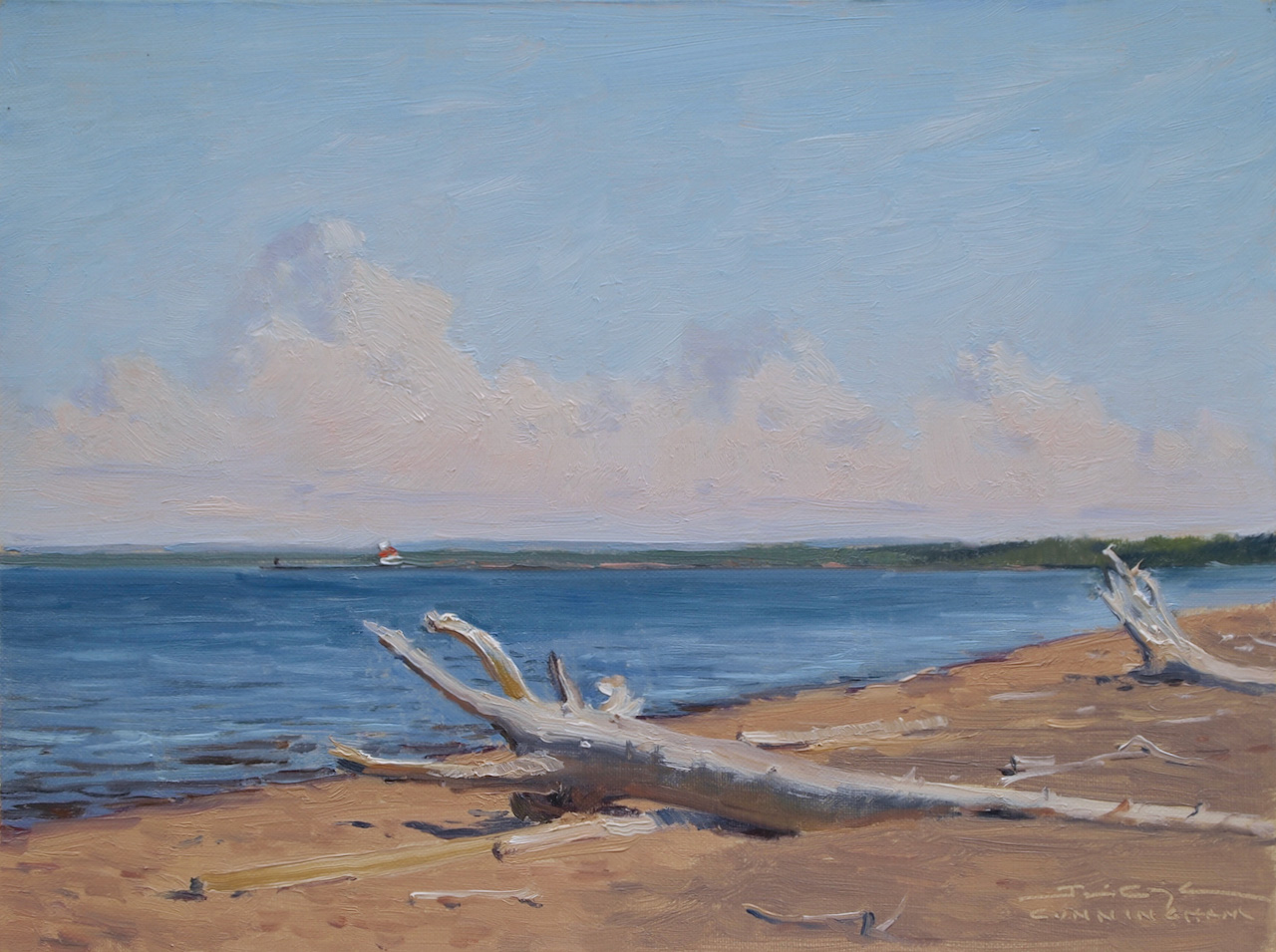 Canvas of a seashore and some dry trees on the beach