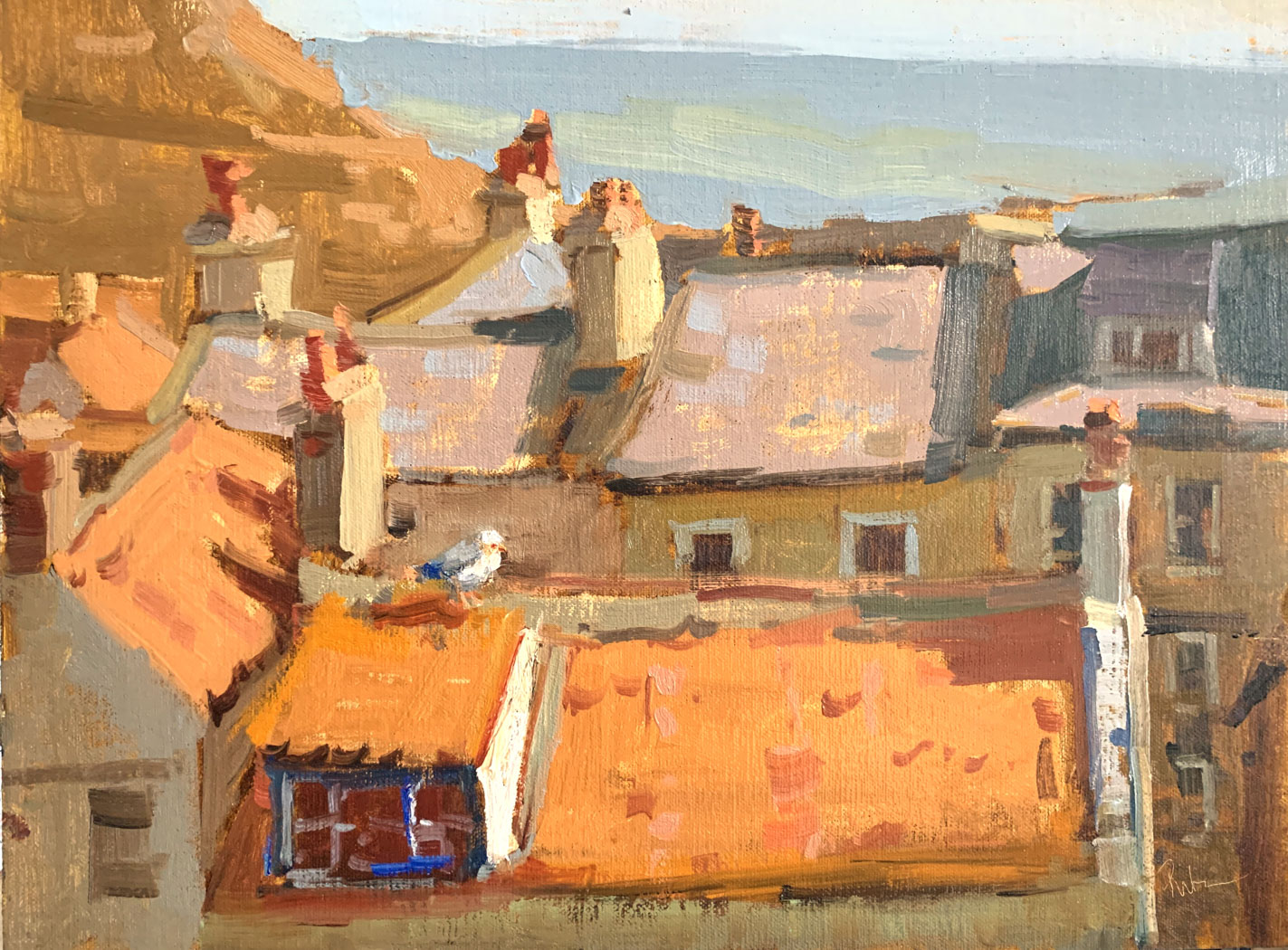 paint of a town and a beach at the back of them in orange and blue accents