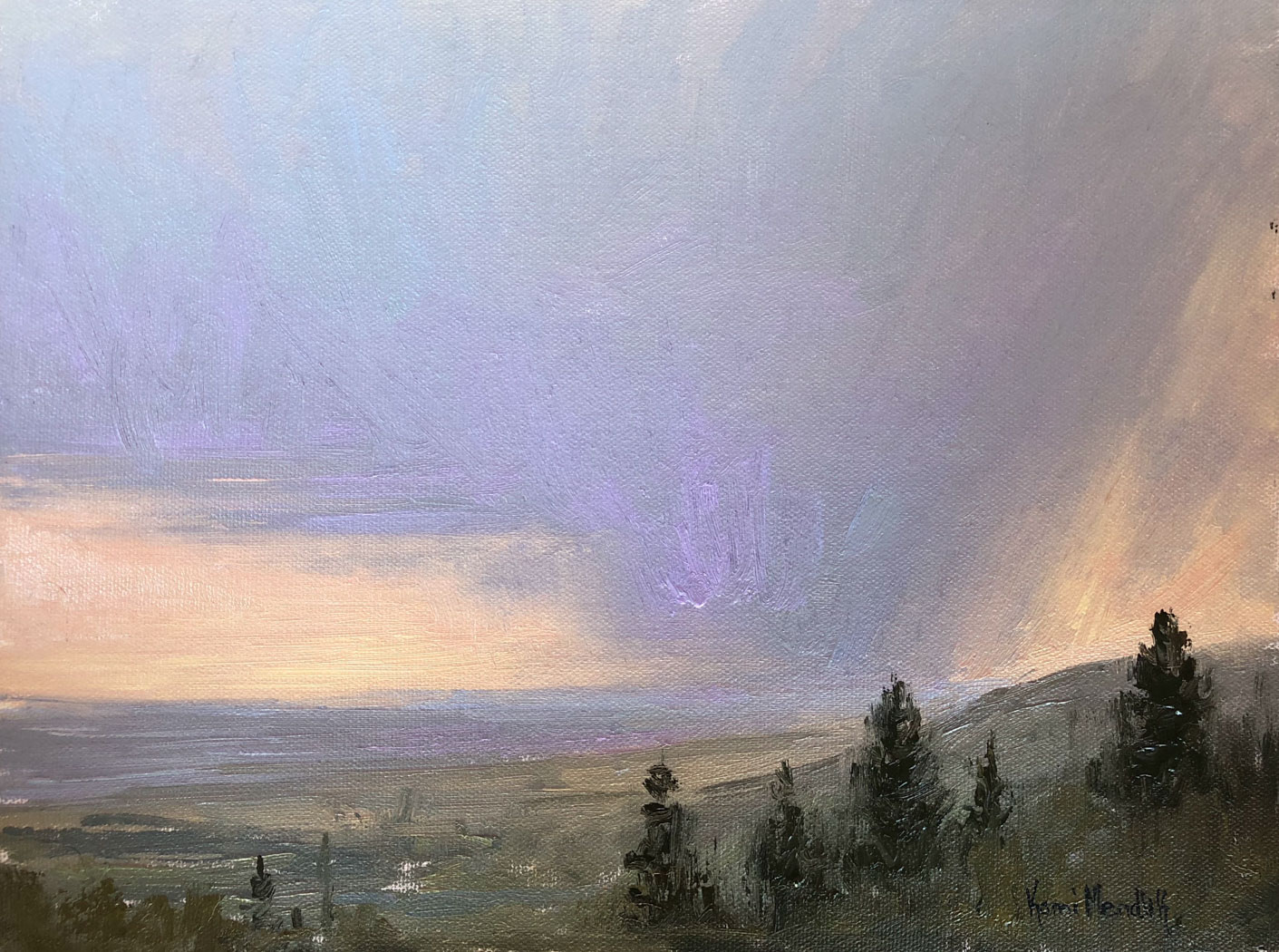 Canvas of a landscape with purple clouds and some pine trees 