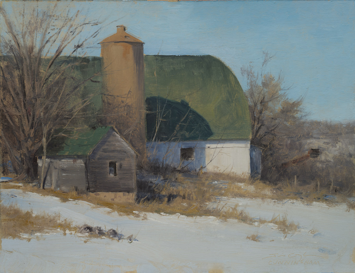 a painting of a farmhouse in the snow