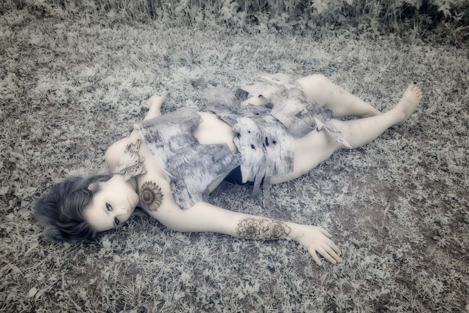 blurry image of a woman laying down on the grass with plants and herbs over her body