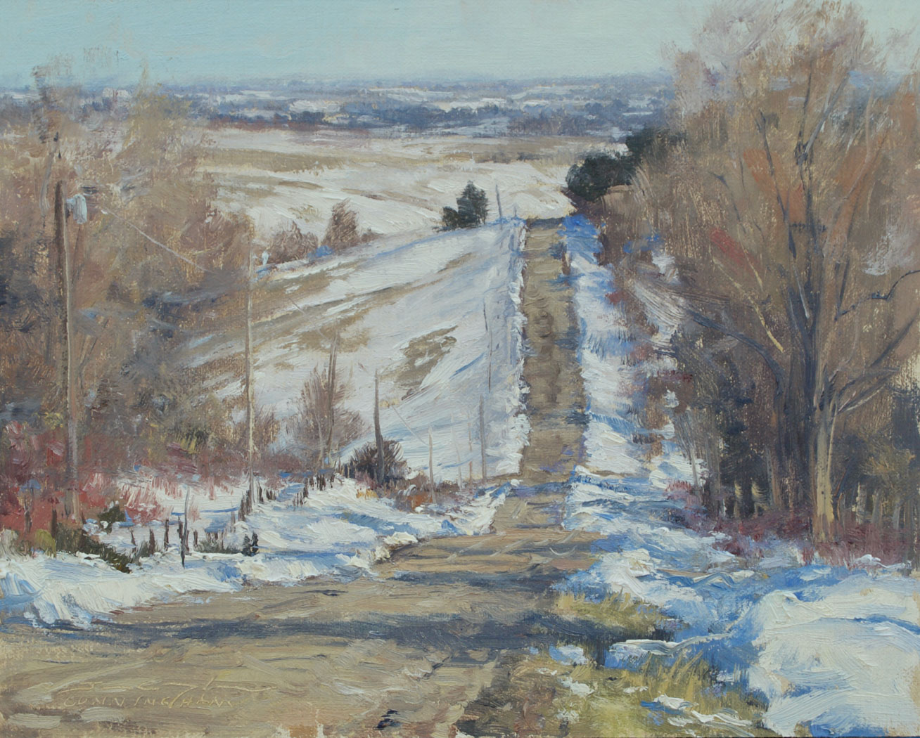 a painting of a road way with snow on both sides 