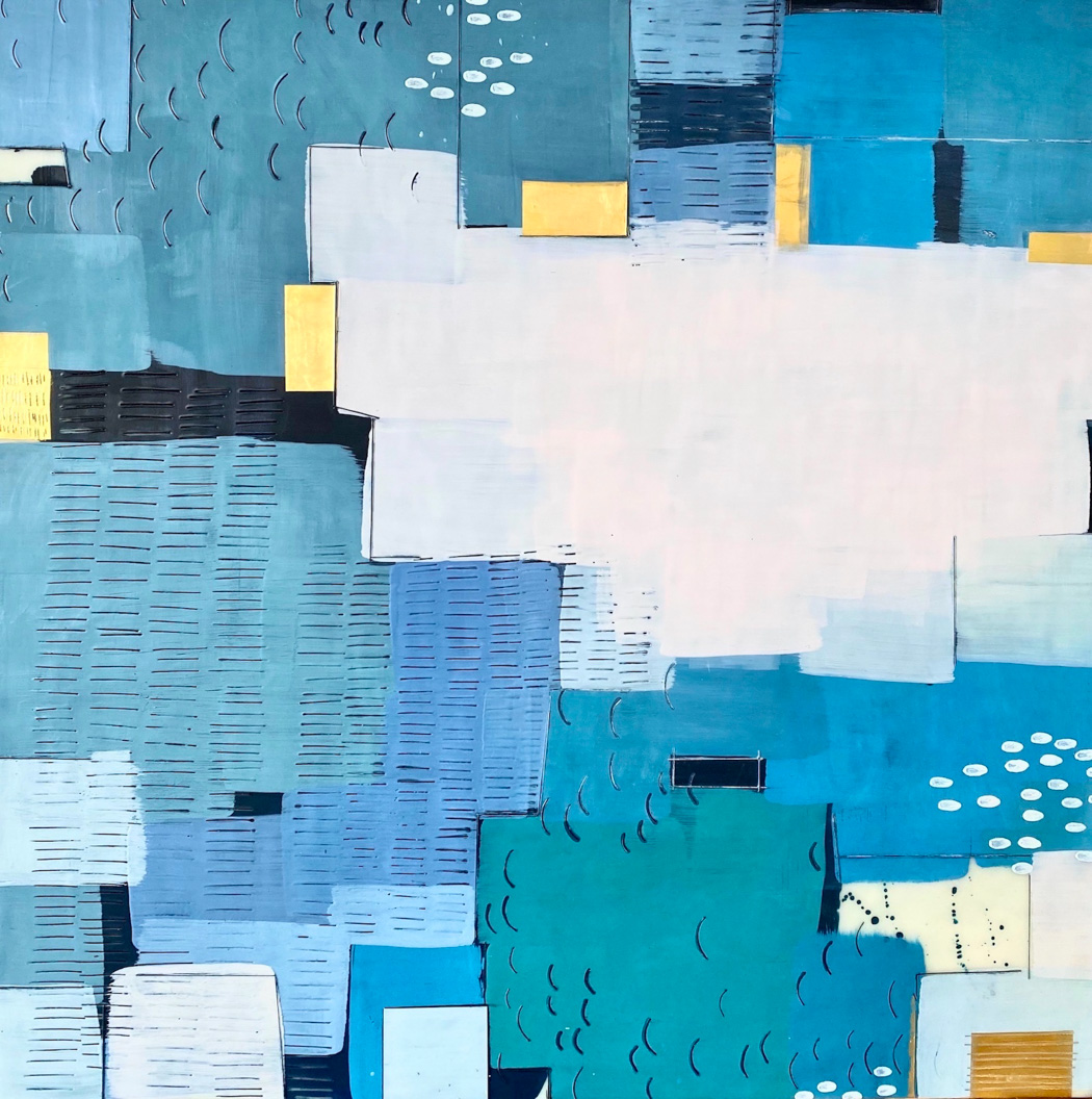 View of an abstract  painting with different kinds of blue and asymmetrical shapes