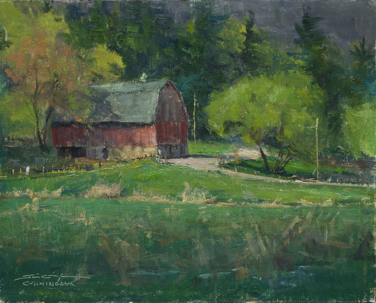 A painting of a barn in the forest 