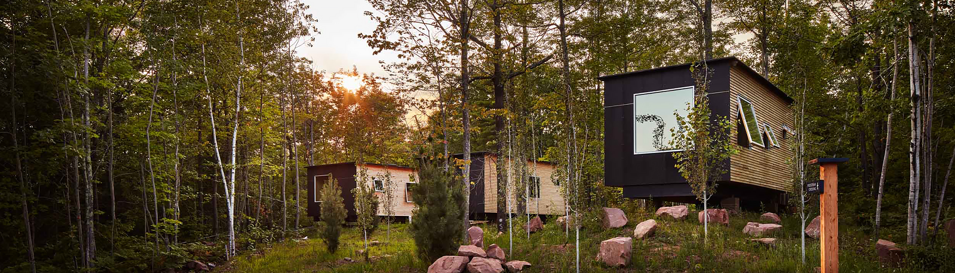 View of three cabins in the middle of the woods