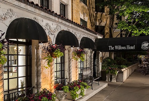 View of the hotel entrance at night