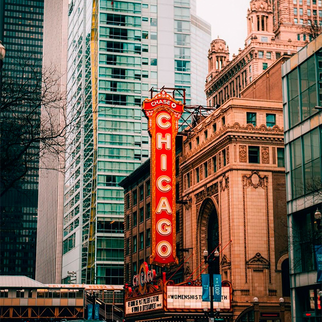 View of The Chicago Theatre red sign 