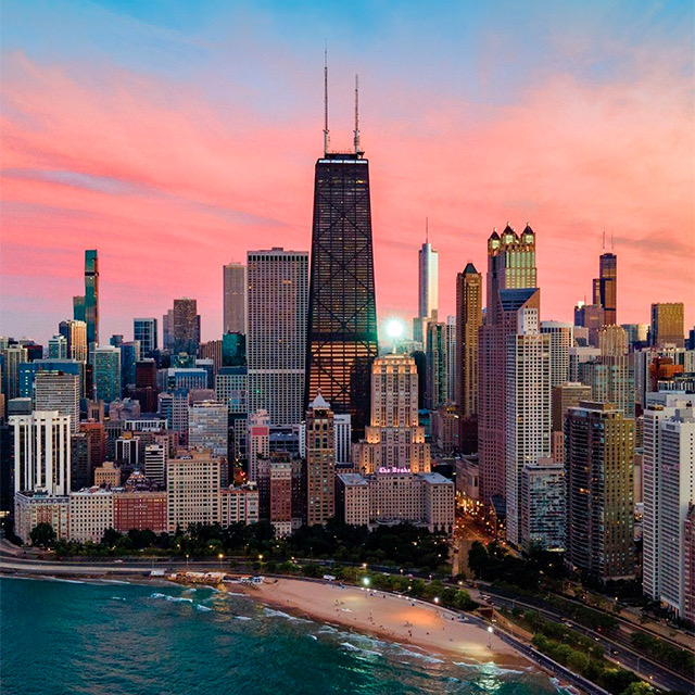 Aerial Chicago bay buildings 