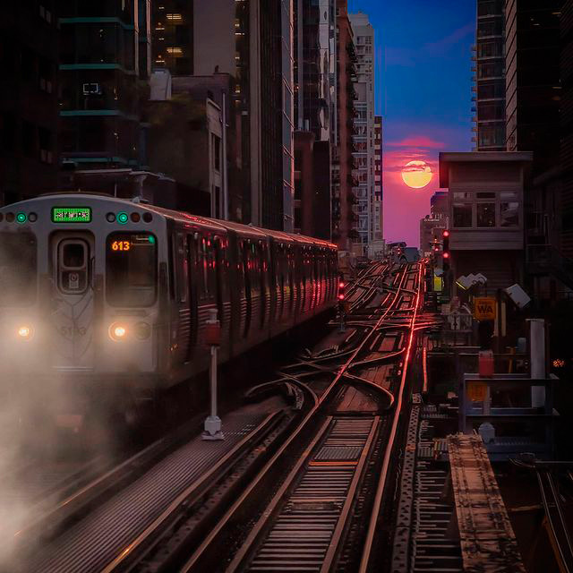 View of the Chicago L train at sunset