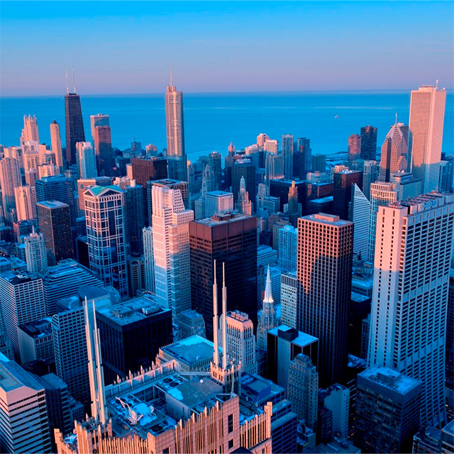 Aerial view of the Chicago skyscrapers at sunset