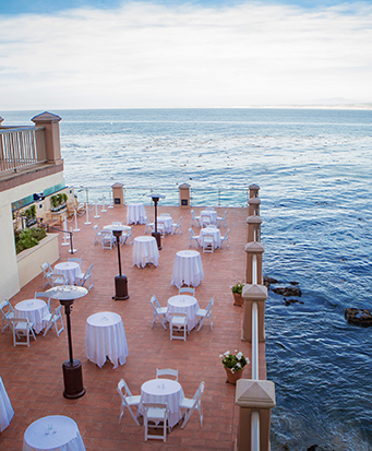 Aerial view of a dining area next to the sea