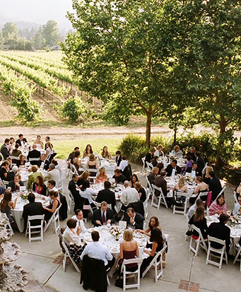 Aerial view of a dining area next to a wonderful vineyard