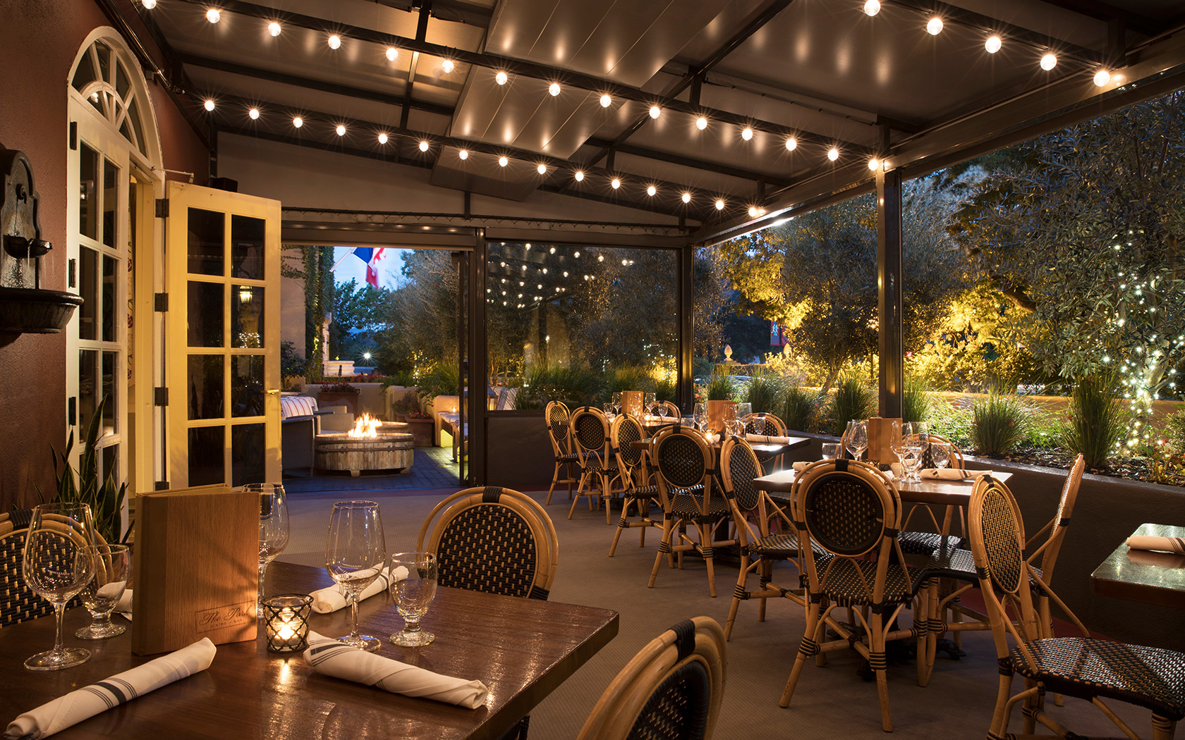 A sophisticated restaurant with romantic view at night