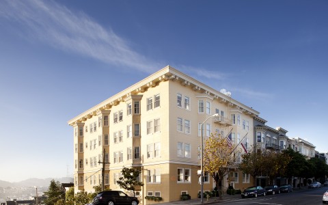 exterior shot of hotel drisco's facade