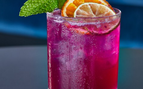 close up of a unique, violet, hand-crafted cocktail