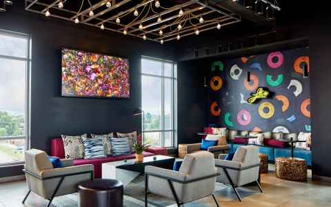 private events lounge area with a colorful, yet modern look