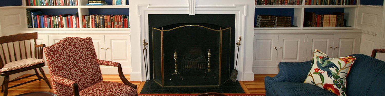 The library with a fireplace