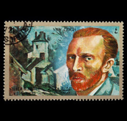 Stamp of Van Gogh portrait and paint of a house behind