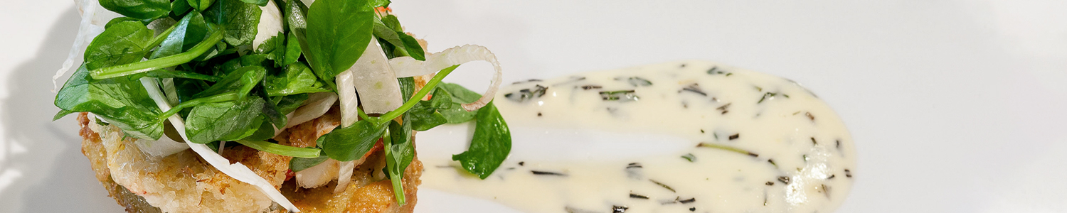 a plate of chicken garnished with greens and white sauce on the plate