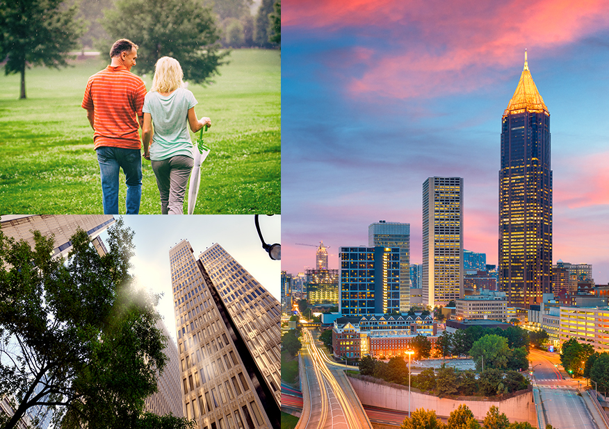 collage of pictures of downtown atlanta buildings and a man and woman walking in a park