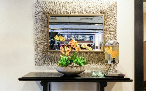 elegant decor in the lobby and a lemon-water station for hotel guests