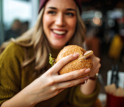 a woman smiling as she holds up a large burger