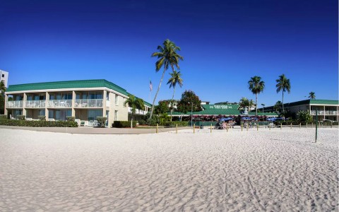 exterior view of the building surrounded by sand and palm trees