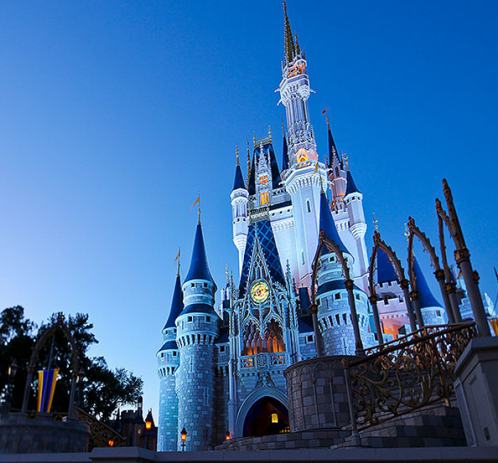 dusk shot of cinderella's castle at magic kingdom