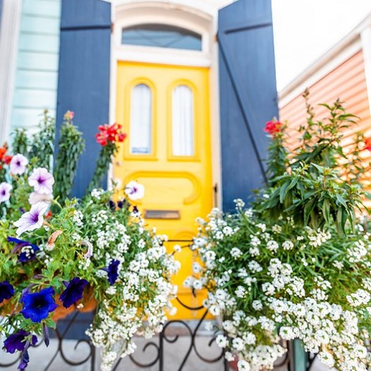 house with a yellow door and flowers
