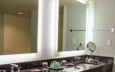 hotel bathroom with double sinks