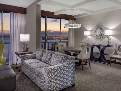 Modern room decor in the Governor's Suite with views to the sea