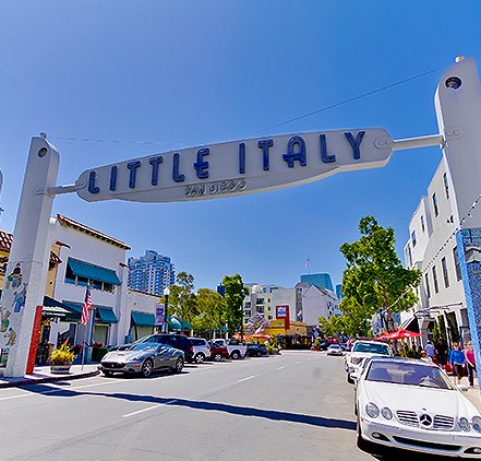 Little Italy neighborhood entrance with sign over street