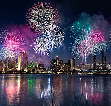 Fireworks over downtown San Diego and San Diego Bay for Big Bay Boom