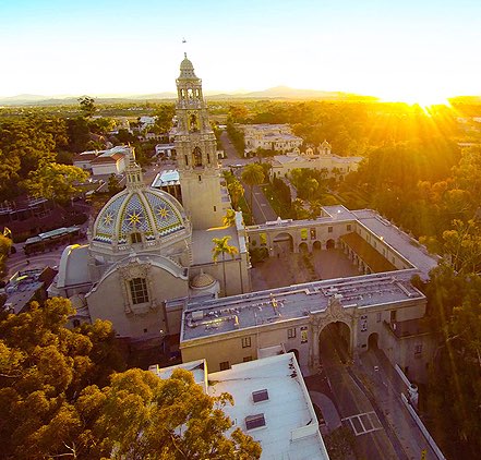 San Diego museum with sun setting