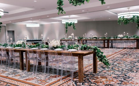 indoor event venue with table decor set up
