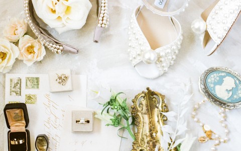 bride possessions including perfume, jimmy choo shoes, and other accessories