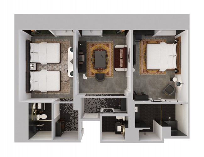 bird eye view of virtual 2 Bedroom suite floor plan 
