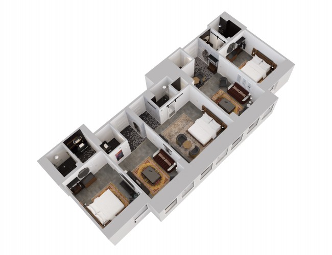 side angle view of virtual 3 bedroom floor plan