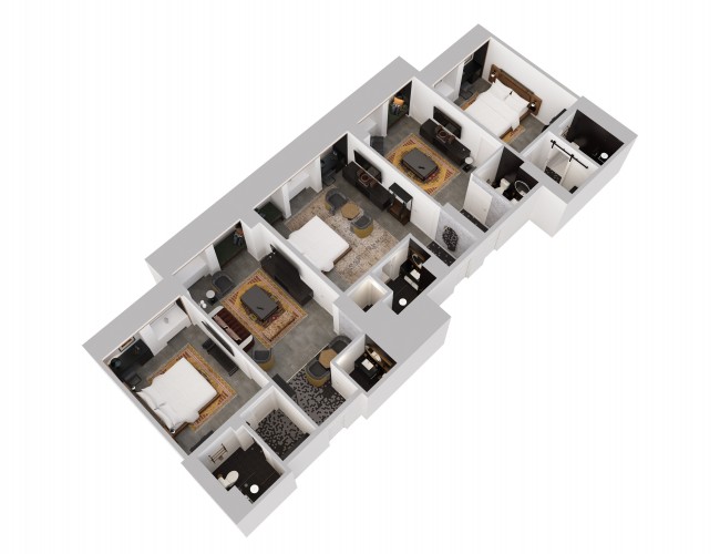 aerial view of virtual 3 bedroom floor plan