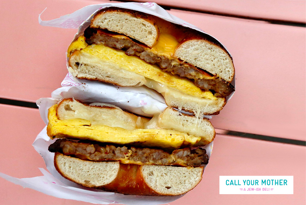 Bagel with cheese, sausage and eggs from Call Your Mother Deli