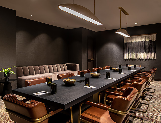 meeting venue with brown chairs  and long black table