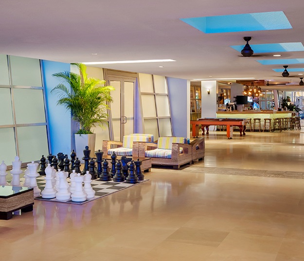 Hotel lobby with giant chess game