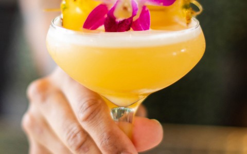 woman holding fruity cocktail topped with pineapple and a hibiscus flower
