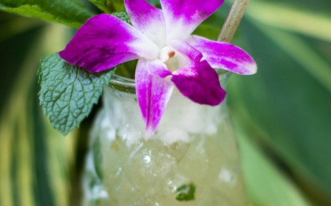 cocktail in pineapple shaped glass with flower on top